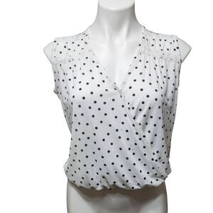 Luna Moon faux wrap cropped top black white polka dot lace detail medium